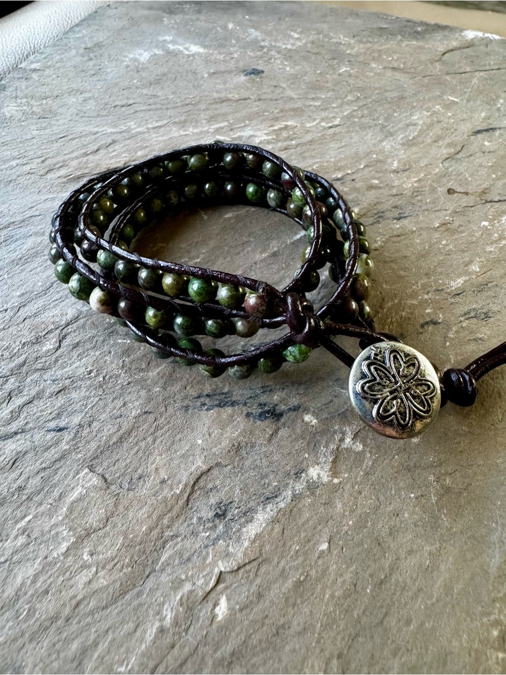 Green Boho Beaded Wrap Bracelet with Floral Button